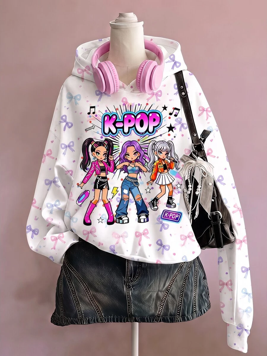 Young Girl Cute Cartoon Girl Group Print Sweatshirt (K-Pop Superstar Style, Bow Element), Suitable For Autumn/Winter Wear - Multicolor - View 1