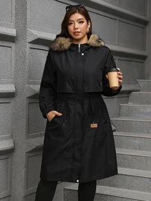 SHEIN Clasi 大尺碼女款純色保暖內裡時尚長款連帽風衣 - 黑色 - 查看 5
