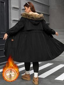 SHEIN Clasi 大尺碼女款純色保暖內裡時尚長款連帽風衣 - 黑色 - 查看 2