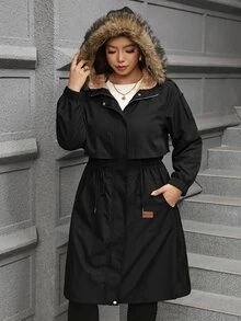 SHEIN Clasi 大尺碼女款純色保暖內裡時尚長款連帽風衣 - 黑色 - 查看 6