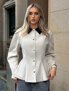 Aloruh Women's Contrast Color Lapel Long Sleeve Single-Breasted Casual Trench Coat,New Fall Styles - Khaki - View 3