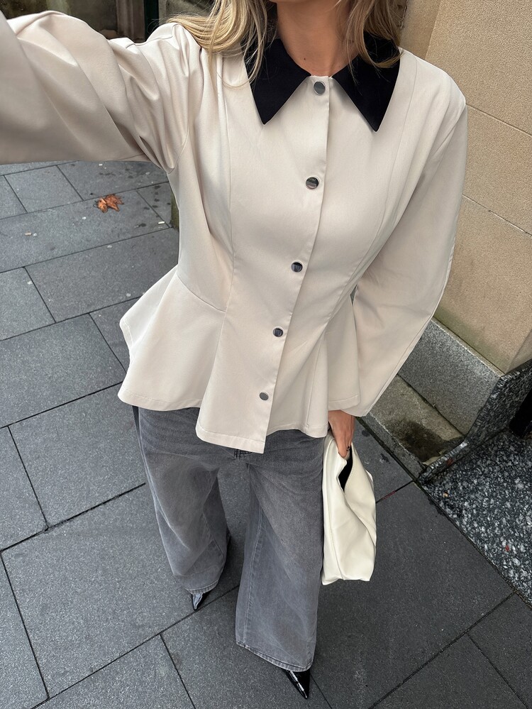 Aloruh 女款撞色翻領長袖單排扣休閒風衣 - 卡其色 - 查看 5