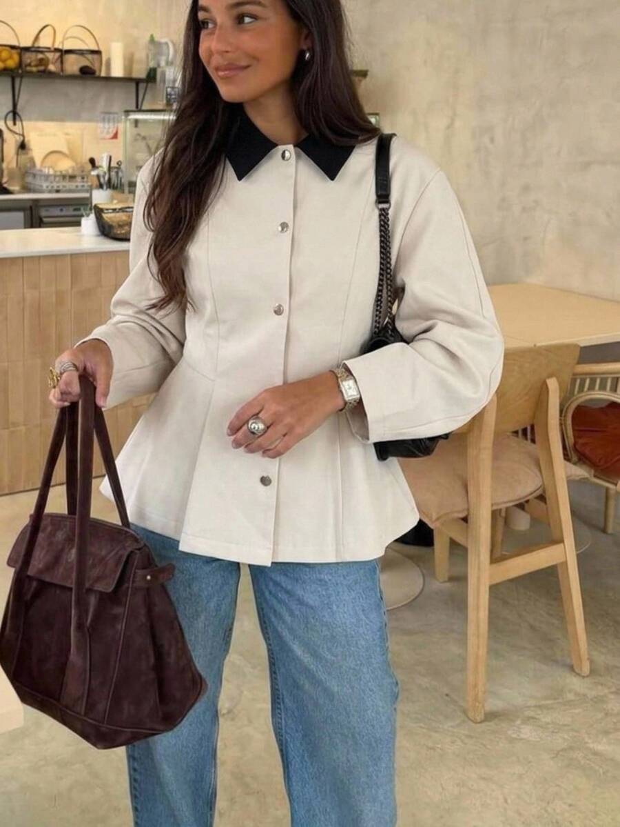 Aloruh Women's Contrast Color Lapel Long Sleeve Single-Breasted Casual Trench Coat,New Fall Styles - Khaki - View 1