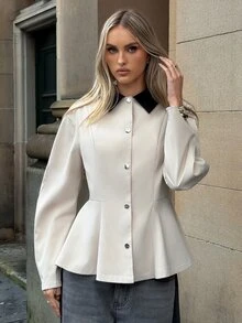 Aloruh Women's Contrast Color Lapel Long Sleeve Single-Breasted Casual Trench Coat,New Fall Styles - Khaki - View 6