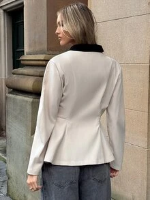 Aloruh Women's Contrast Color Lapel Long Sleeve Single-Breasted Casual Trench Coat,New Fall Styles - Khaki - View 2
