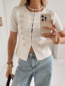 Siren Gaze Women's Chic Knit Short Sleeve Round Neck Vintage Gold Button-Up Cropped Top, Napoleon Style, Gothic,Full Button Decor, Fall/Winter Sweater - Apricot - View 2