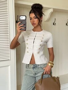 Siren Gaze Women's Chic Knit Short Sleeve Round Neck Vintage Gold Button-Up Cropped Top, Napoleon Style, Gothic,Full Button Decor, Fall/Winter Sweater - Apricot - View 7