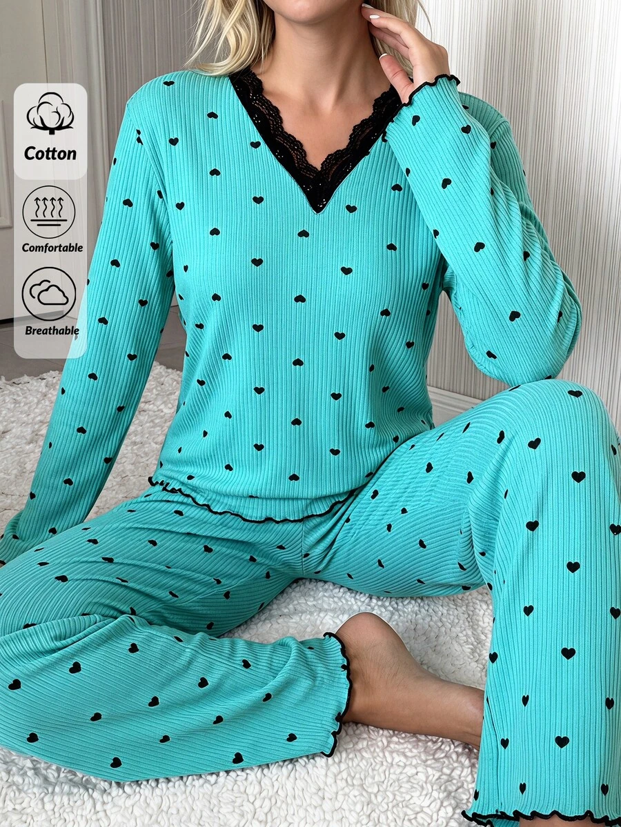 SHEIN Cottnline طقم بيجامة قطن مضلع من قطعتين بلون نعناعي مع قلب، تي شيرت نوم بأكمام طويلة ودانتيل متباين وبنطال طويل، كاجوال للاسترخاء - أخضر نعناع - مشاهدة 1