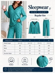 SHEIN Cottnline Cotton Rib 2pcs Mint Heart Long Sleeve Contrast Lace Sleep Tee Long Pants Casual Lounge Pajama Set - Mint Green - View 3