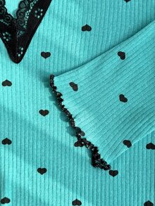 SHEIN Cottnline Cotton Rib 2pcs Mint Heart Long Sleeve Contrast Lace Sleep Tee Long Pants Casual Lounge Pajama Set - Mint Green - View 6