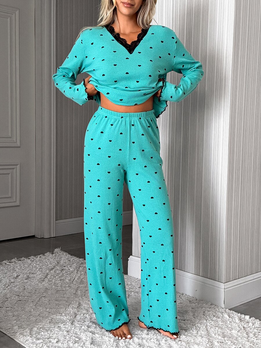 SHEIN Cottnline Cotton Rib 2pcs Mint Heart Long Sleeve Contrast Lace Sleep Tee Long Pants Casual Lounge Pajama Set - Mint Green - View 1
