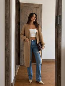 SHEIN LUNE Drop Shoulder Casual Design Cardigan In Fall/Winter - Apricot - View 2