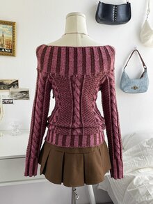 Soleia Sweater Lengan Panjang Wanita dengan Kerah Asimetris Bergaris dan Desain Tali Pengikat - Burgundy - View 6