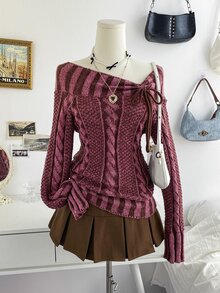 Soleia Sweater Lengan Panjang Wanita dengan Kerah Asimetris Bergaris dan Desain Tali Pengikat - Burgundy - View 5