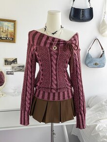 Soleia Sweater Lengan Panjang Wanita dengan Kerah Asimetris Bergaris dan Desain Tali Pengikat - Burgundy - View 4