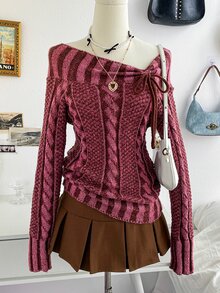 Soleia Sweater Lengan Panjang Wanita dengan Kerah Asimetris Bergaris dan Desain Tali Pengikat - Burgundy - View 1