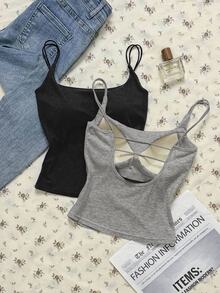 Attitoon Plus Size Women's Casual Sexy Black Ribbed Crop Tank Top With Square Neck And Sleeveless Design Going Out Party Grey Summer - Black - View 3