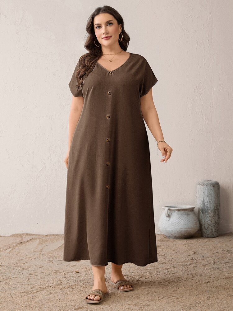 Shapeblank Plus Size Button Pocket Dress For Vacation And Daily Wear Bussines Carribean Brown Summer Casual Traditional Elegant Formal - Coffee Brown - View 6