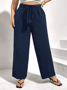 Shapeblank Plus Solid Belted Wide Leg Casual Pants Spring Fall - Navy Blue - View 6
