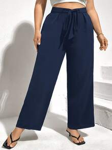 Shapeblank Plus Solid Belted Wide Leg Casual Pants Spring Fall - Navy Blue - View 4