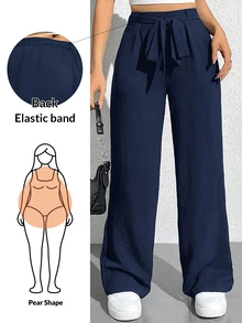 Shapeblank Plus Solid Belted Wide Leg Casual Pants Spring Fall - Navy Blue - View 2