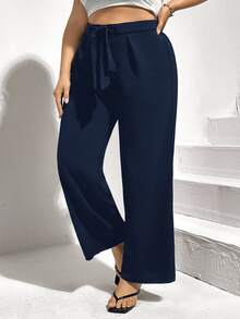 Shapeblank Plus Solid Belted Wide Leg Casual Pants Spring Fall - Navy Blue - View 5