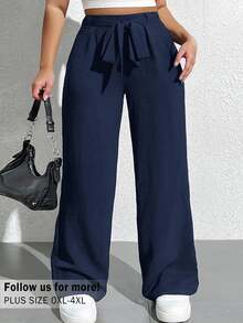 Shapeblank Plus Solid Belted Wide Leg Casual Pants Spring Fall - Navy Blue - View 8