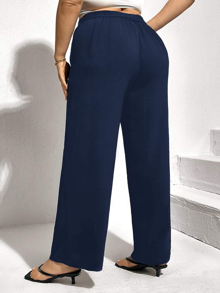 Shapeblank Plus Solid Belted Wide Leg Casual Pants Spring Fall - Navy Blue - View 2