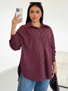 Shapeblank Plus-Size Women's Autumn Fashion Casual Loose Comfortable Everyday Basic Versatile Slimming Shirt Fall - Burgundy - View 7