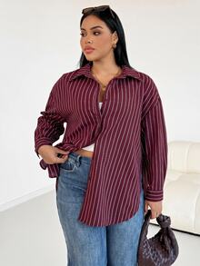 Shapeblank Plus-Size Women's Autumn Fashion Casual Loose Comfortable Everyday Basic Versatile Slimming Shirt Fall - Burgundy - View 5