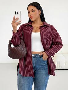 Shapeblank Plus-Size Women's Autumn Fashion Casual Loose Comfortable Everyday Basic Versatile Slimming Shirt Fall - Burgundy - View 12