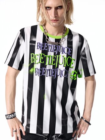 Beetlejuice X ROMWE T-shirt d'été décontracté pour hommes avec blocs de couleurs, rayures et imprimé de lettres