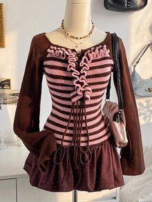 Soleia Women's Autumn Casual Y2k Cute Colorblock Pink And Brown Patchwork Sweater Going Out - Multicolor - View 1