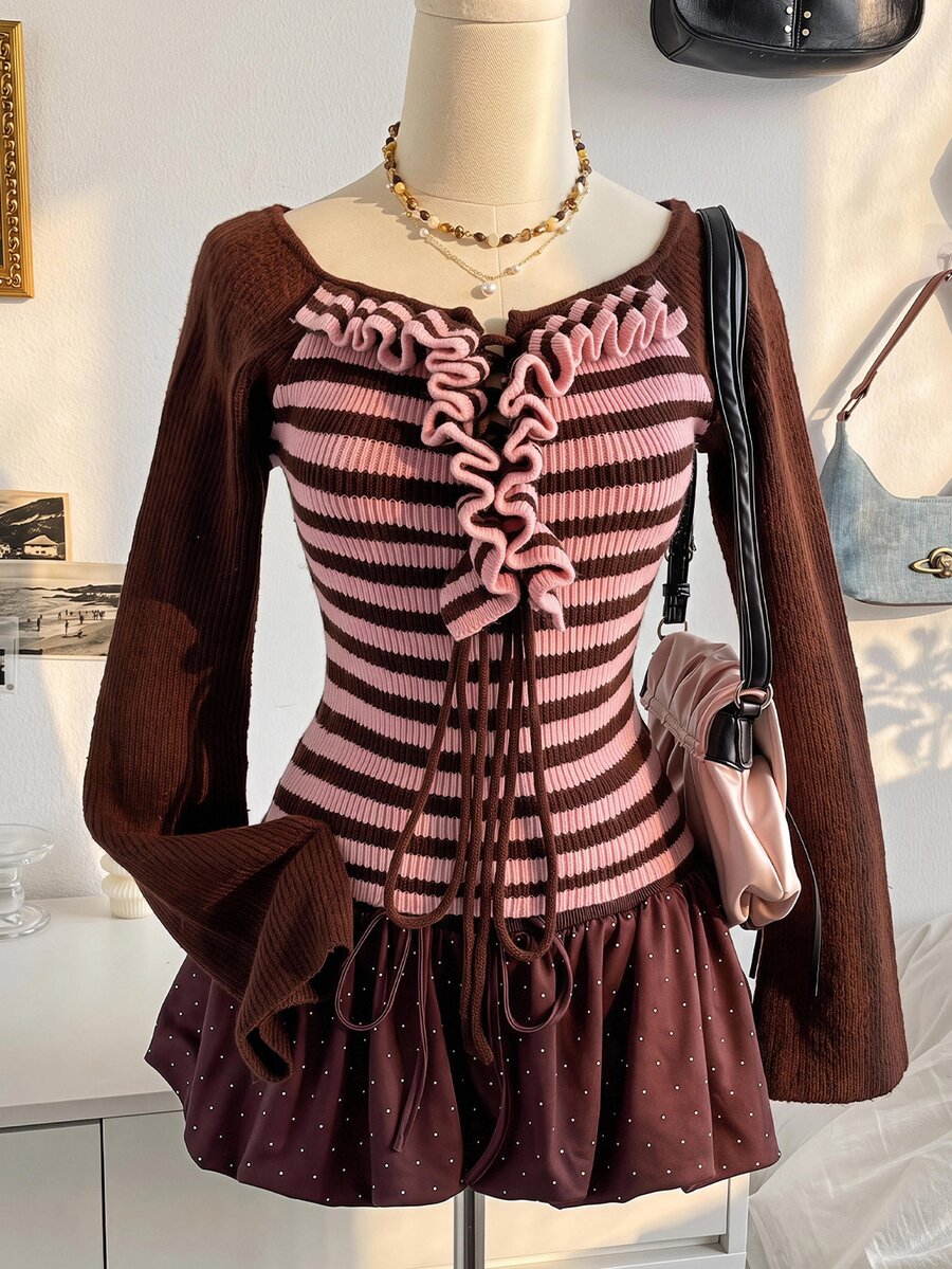 Soleia Women's Autumn Casual Y2k Cute Colorblock Pink And Brown Patchwork Sweater Going Out - Multicolor - View 1
