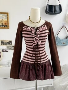 Soleia Women's Autumn Casual Y2k Cute Colorblock Pink And Brown Patchwork Sweater Going Out - Multicolor - View 8