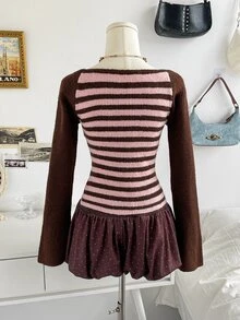 Soleia Women's Autumn Casual Y2k Cute Colorblock Pink And Brown Patchwork Sweater Going Out - Multicolor - View 2