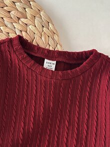 SHEIN 女嬰針織純色圓領修身休閒衛衣與純色PU皮革裙 2件套，黑色裙子，萬聖節，聖誕節，紅色上衣 - 彩色 - 查看 6