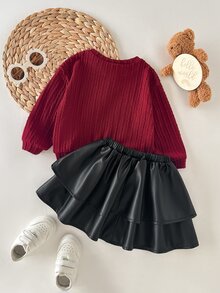 SHEIN 女嬰針織純色圓領修身休閒衛衣與純色PU皮革裙 2件套，黑色裙子，萬聖節，聖誕節，紅色上衣 - 彩色 - 查看 2