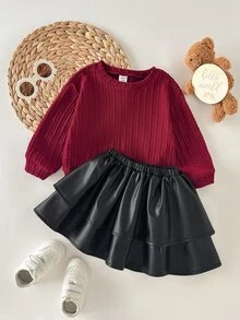 SHEIN 女嬰針織純色圓領修身休閒衛衣與純色PU皮革裙 2件套，黑色裙子，萬聖節，聖誕節，紅色上衣 - 彩色 - 查看 3