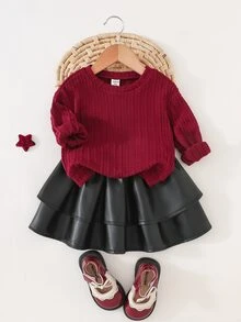 SHEIN 女嬰針織純色圓領修身休閒衛衣與純色PU皮革裙 2件套，黑色裙子，萬聖節，聖誕節，紅色上衣 - 彩色 - 查看 4