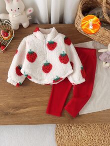 SHEIN 2件組嬰幼兒女童紅色白色草莓毛絨長袖半拉鍊厚款冬季派對毛衣外套褲套裝 - 紅色 - 查看 1