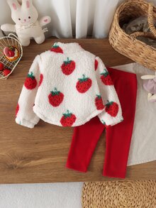 SHEIN 2件組嬰幼兒女童紅色白色草莓毛絨長袖半拉鍊厚款冬季派對毛衣外套褲套裝 - 紅色 - 查看 2