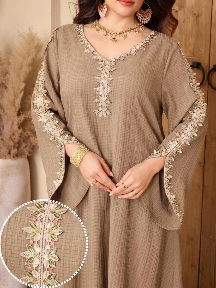 Al Najma 大尺碼女款刺繡裝飾優雅阿拉伯傳統長襯衫 - 卡其色 - 查看 1