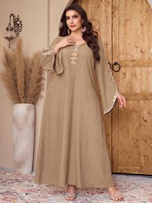 Al Najma 大尺碼女款刺繡裝飾優雅阿拉伯傳統長襯衫 - 卡其色 - 查看 7