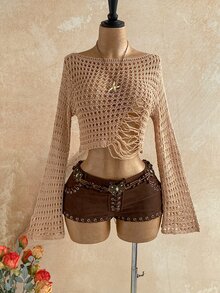 Soleia Women's Solid Color Boat Neck Hollow-Out Drop Shoulder Long Sleeve Sweater For Vacation Beach Vacation Camel Autumn Boho Grunge Tropical - Khaki - View 4