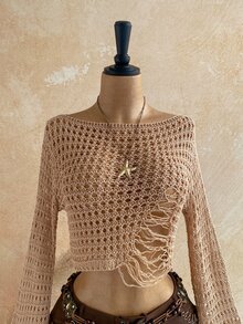 Soleia Women's Solid Color Boat Neck Hollow-Out Drop Shoulder Long Sleeve Sweater For Vacation Beach Vacation Camel Autumn Boho Grunge Tropical - Khaki - View 5