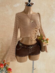 Soleia Women's Solid Color Boat Neck Hollow-Out Drop Shoulder Long Sleeve Sweater For Vacation Beach Vacation Camel Autumn Boho Grunge Tropical - Khaki - View 7