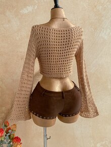 Soleia Women's Solid Color Boat Neck Hollow-Out Drop Shoulder Long Sleeve Sweater For Vacation Beach Vacation Camel Autumn Boho Grunge Tropical - Khaki - View 2