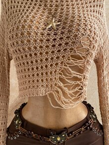 Soleia Women's Solid Color Boat Neck Hollow-Out Drop Shoulder Long Sleeve Sweater For Vacation Beach Vacation Camel Autumn Boho Grunge Tropical - Khaki - View 6
