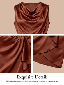 KIORVELLA Ladies' Plus Size Spring/Summer Slim Fit Satin Sleeveless Swing Collar Mid Length Skirt - Brown - View 8